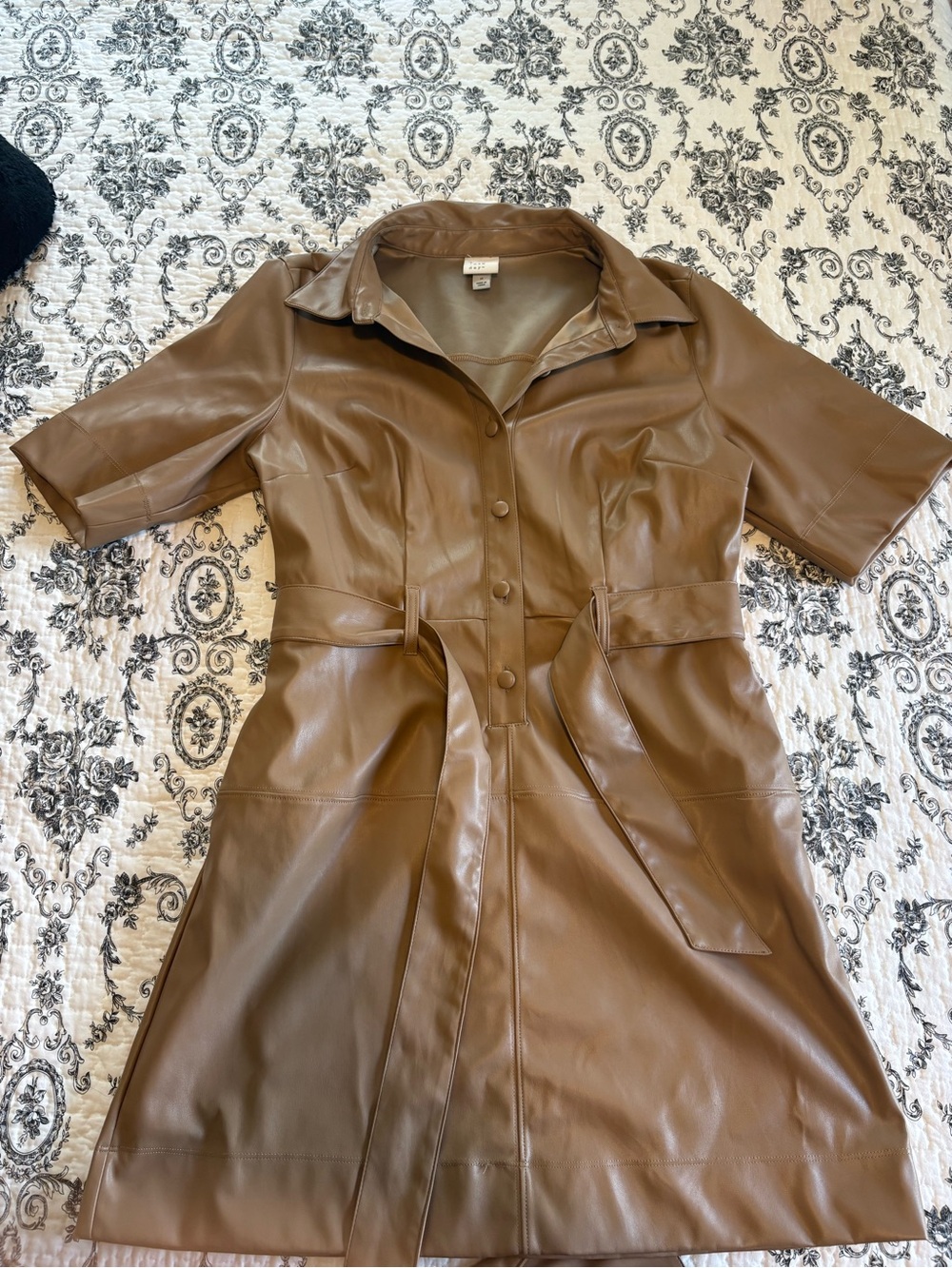 Faux Leather Brown Button-Front Dress